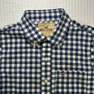 Hollister Navy Blue White Check Long Sleeve Preppy Button Down Shirt Size M